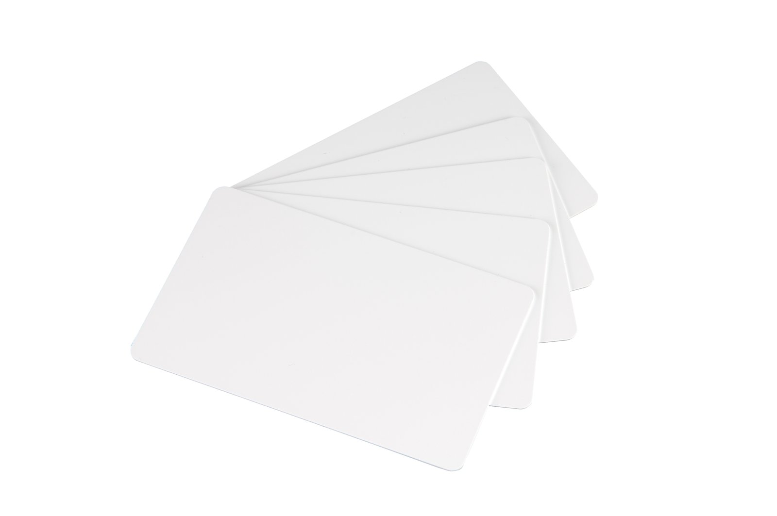 Cartões PVC branco premium em leque — padrão CR80 0,76mm